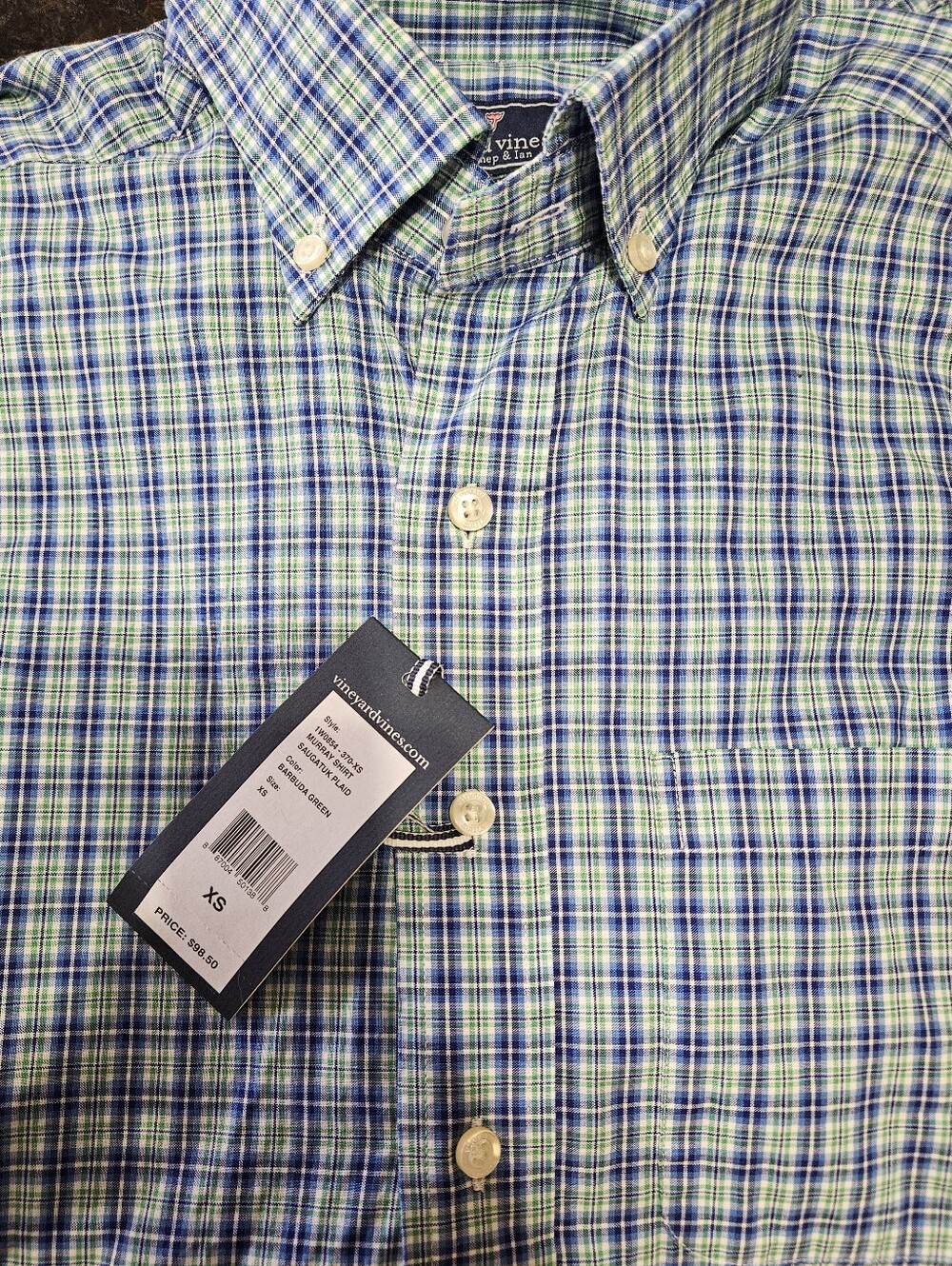 Vineyard Vines Blue and Green Plaid Button-Down Shirt XS Brand New With TAG $98